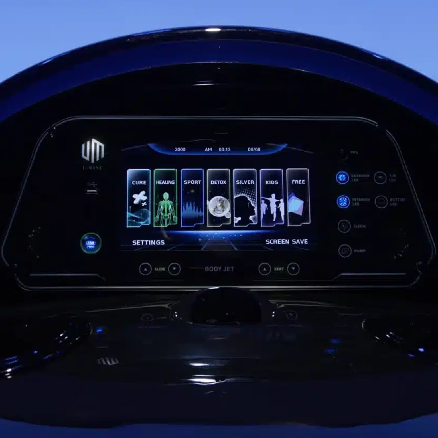 A close view of the seven BODYJET touchscreen programs and the integrated CLEAN control