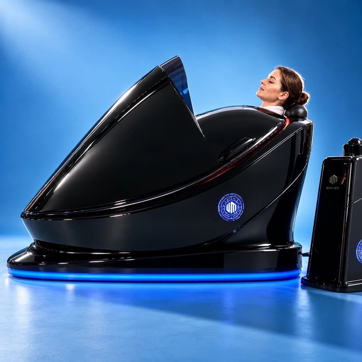 A model seated in the black BODYJET with her head outside the enclosure, beside its companion tower