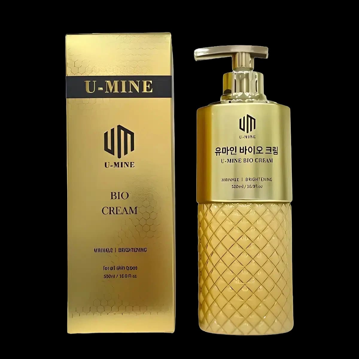U-MINE Bio Cream gold pump bottle beside its original packaging