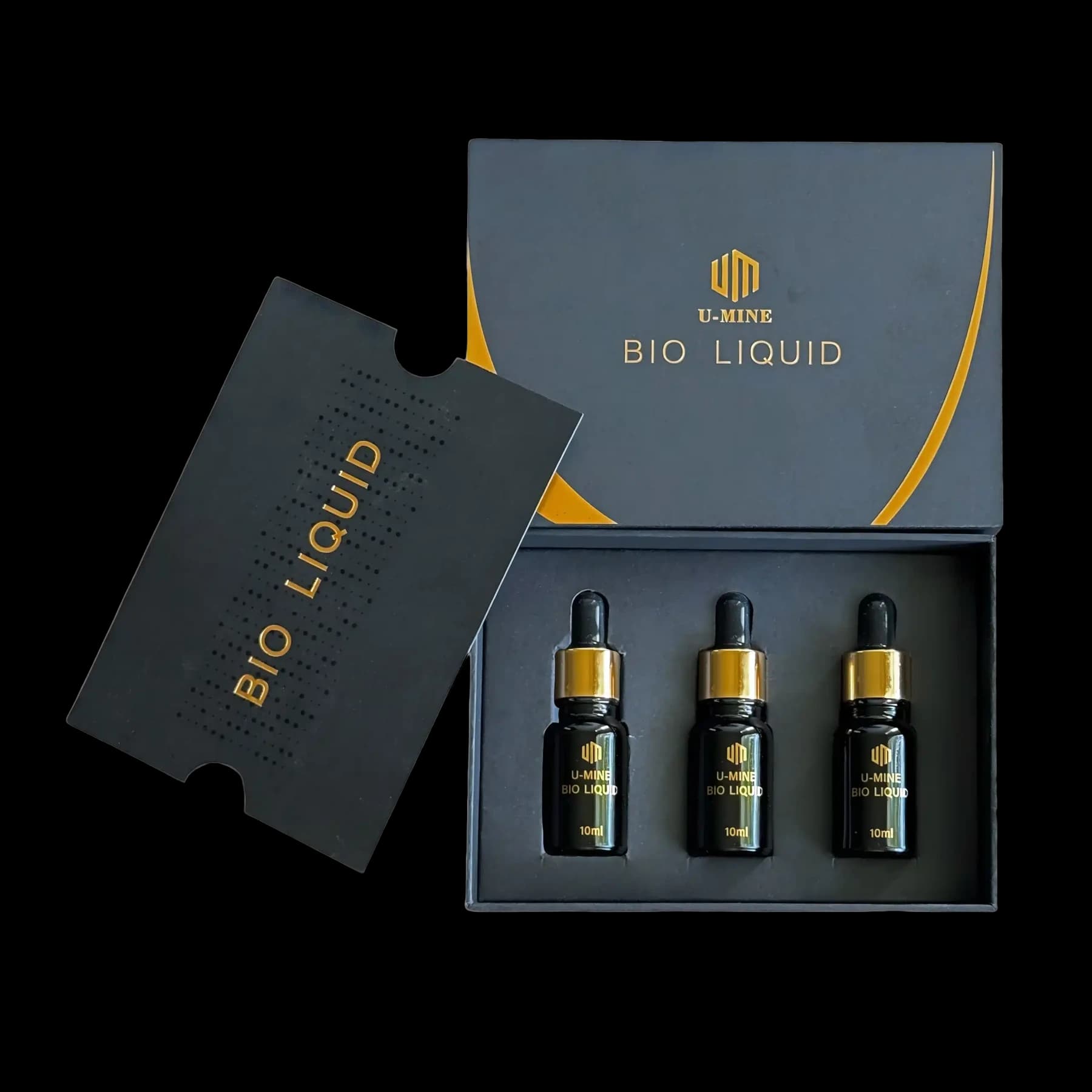 U-MINE Bio Liquid three dropper bottles with their original presentation box
