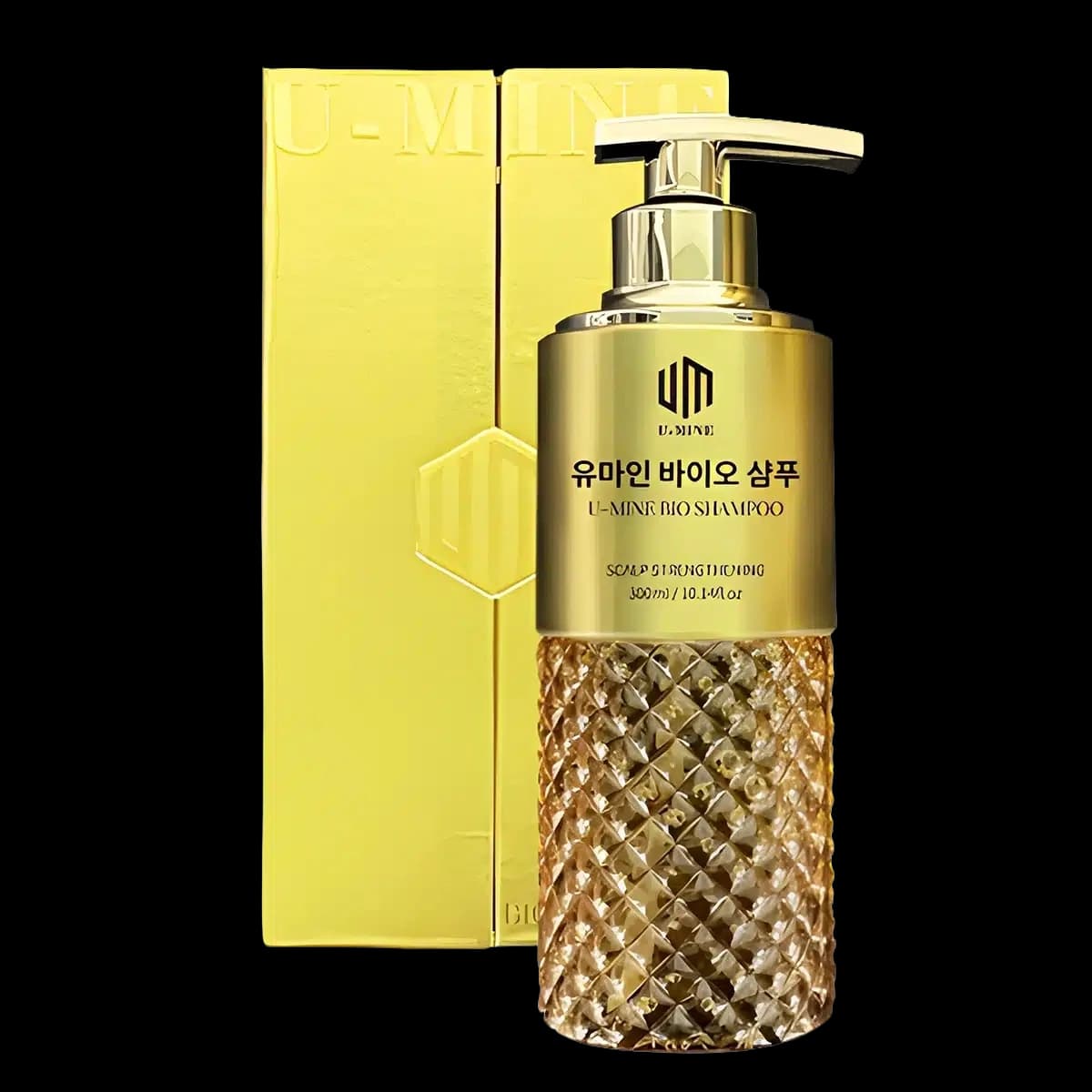 U-MINE Bio Shampoo gold pump bottle beside its original packaging