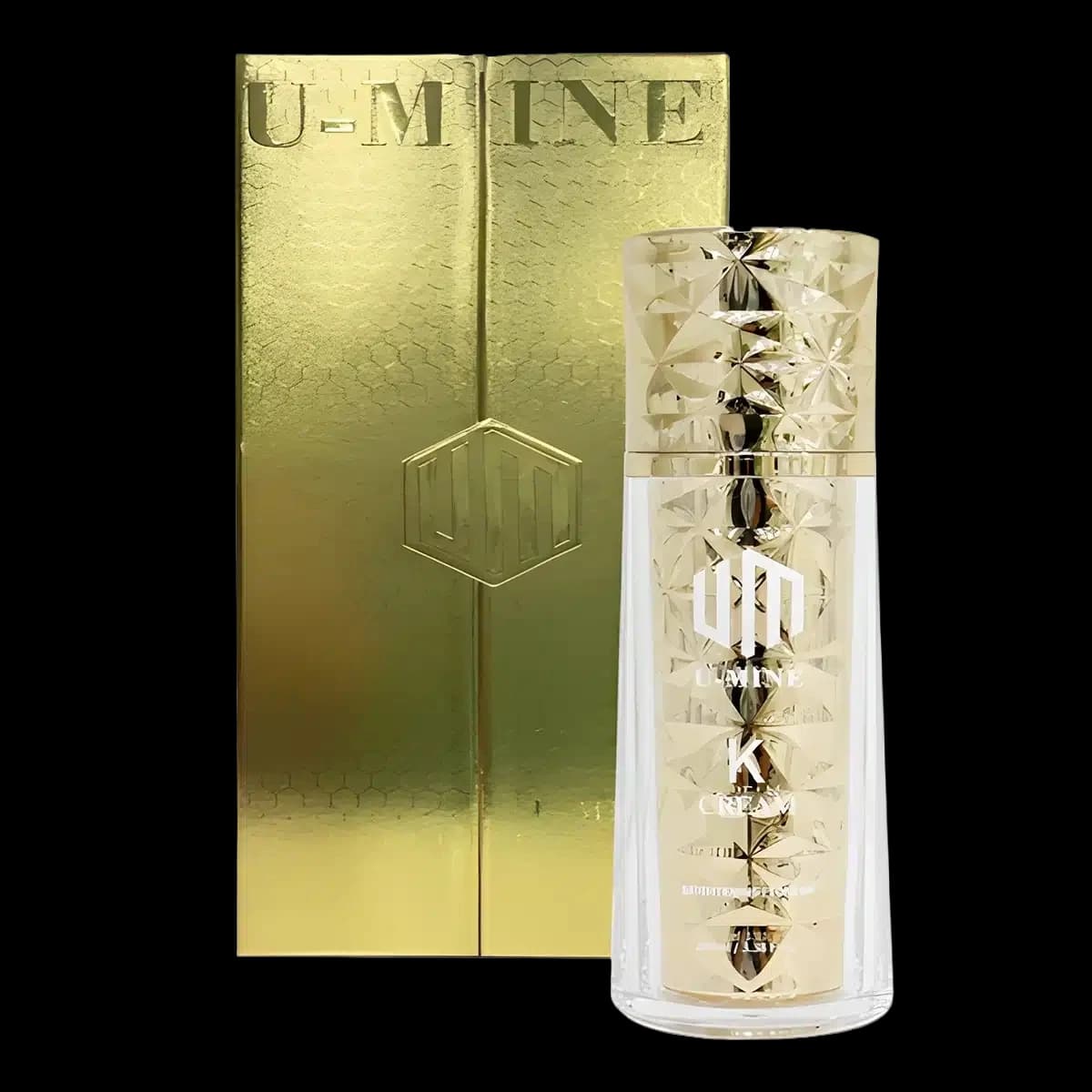 U-MINE K Cream faceted gold bottle with its original gold packaging