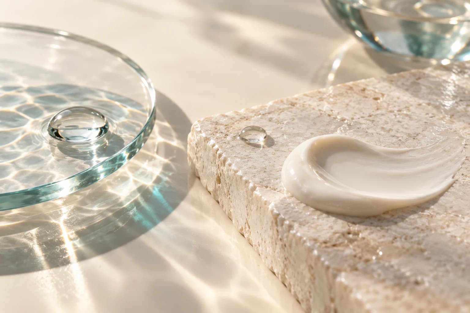 Editorial still life of clear water and cream textures on an ivory surface