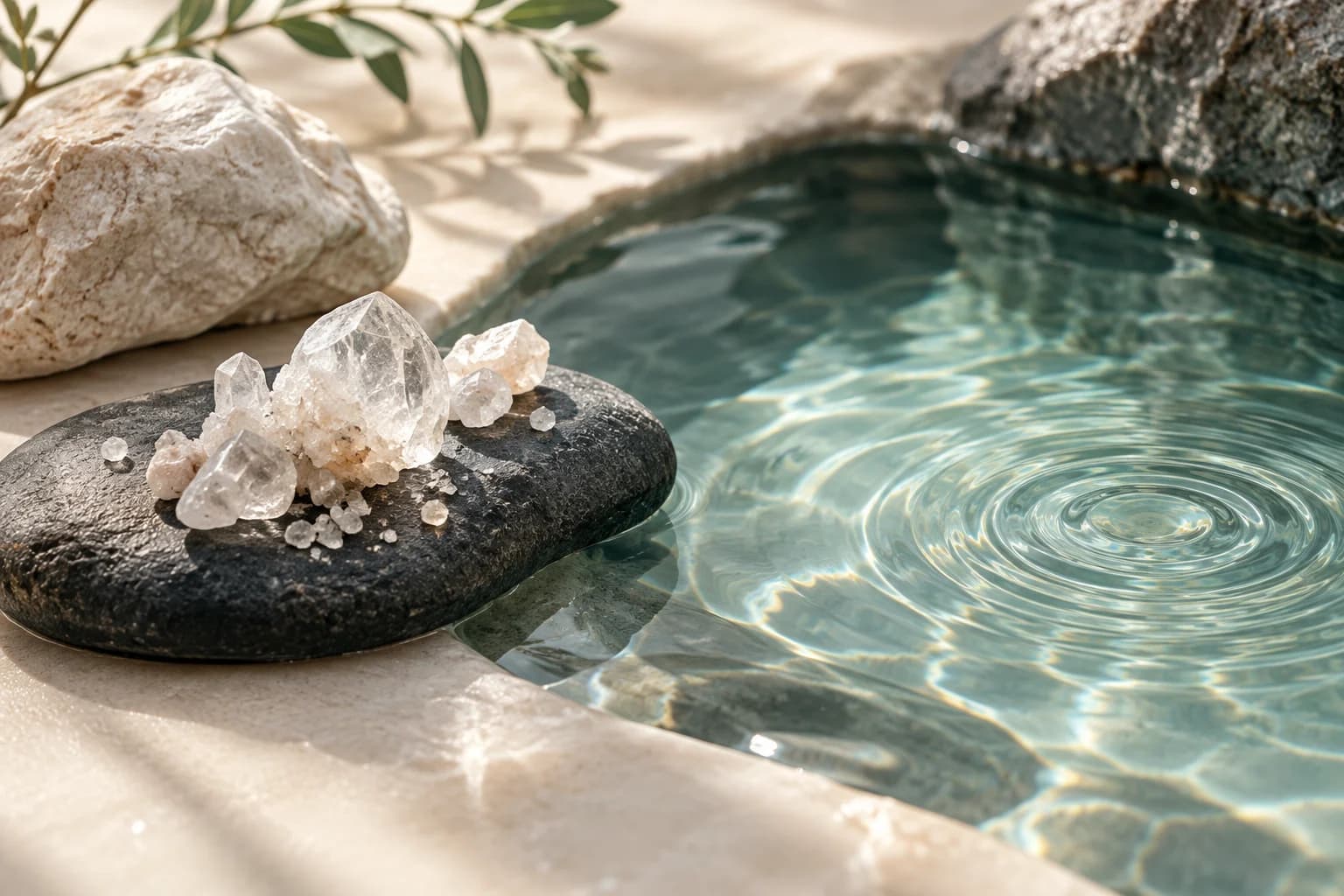 Editorial still life of mineral crystals and clear water