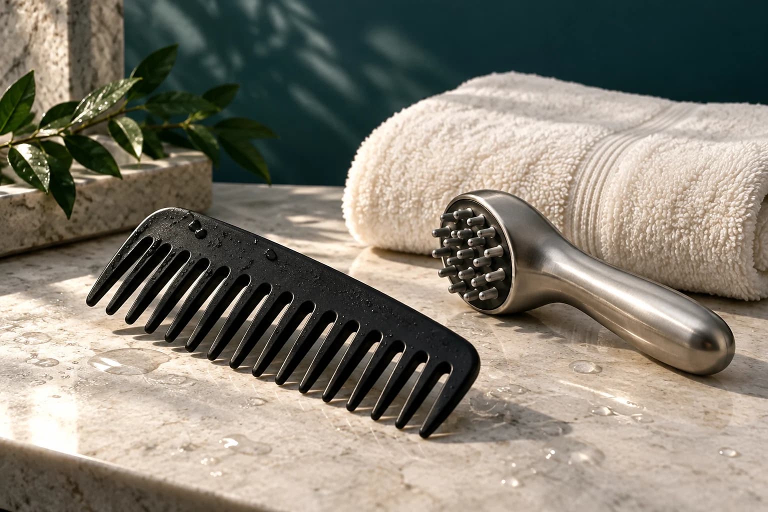 Unbranded manual scalp brush, comb and towel arranged for a wash-day routine