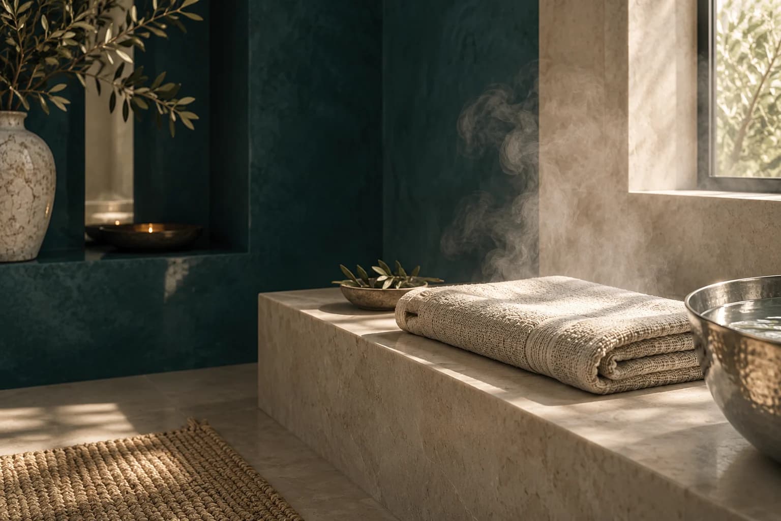 Folded towels and soft steam in a quiet spa setting