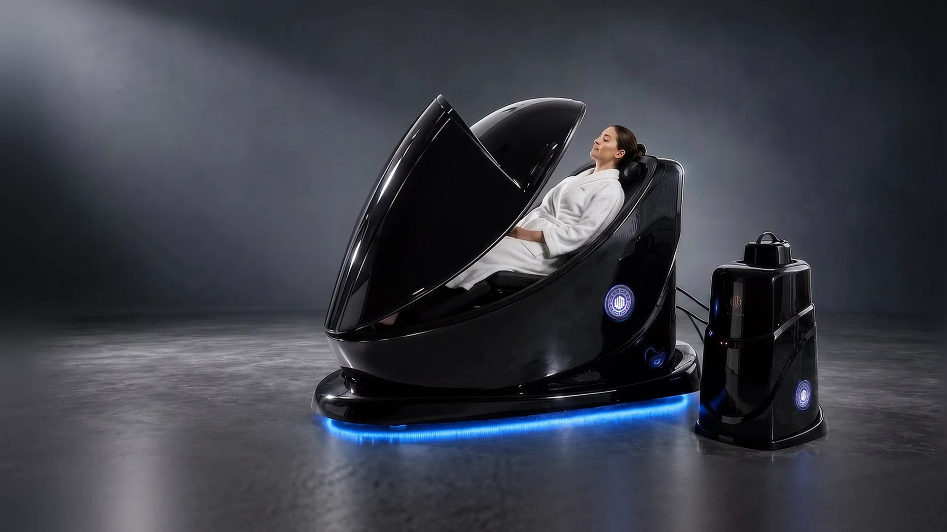 The whole BODYJET unit and separate tower are shown with the model seated and the canopy already slowly descending.