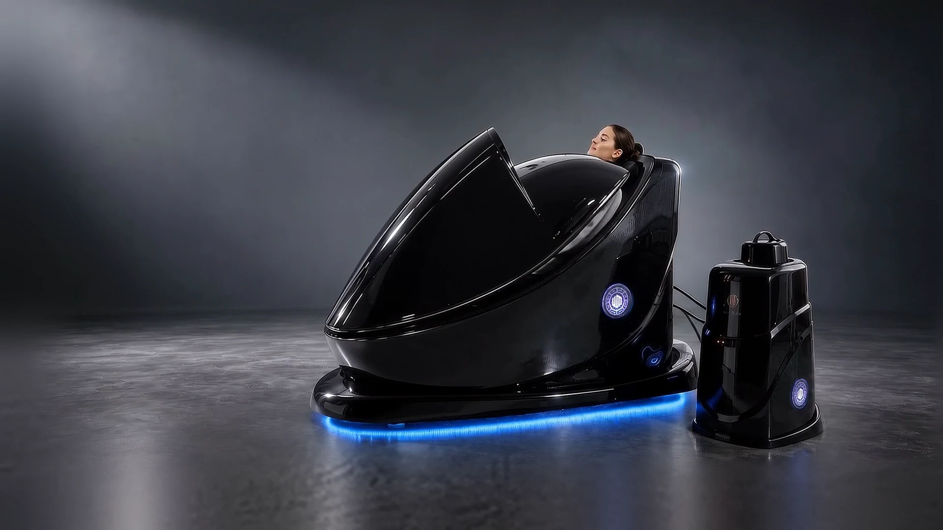 The canopy continues to close while the model remains seated inside BODYJET.