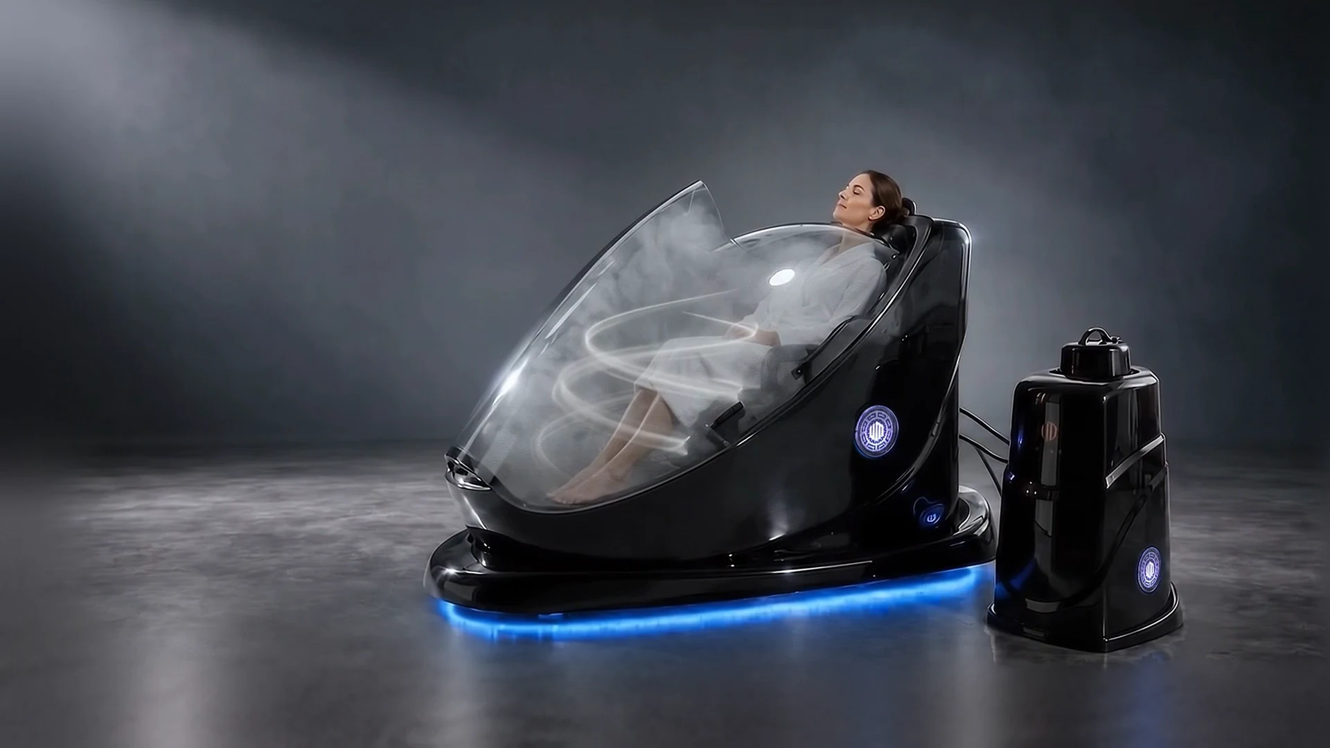 The translucent canopy reveals an illustrative spiral of steam around the seated model.