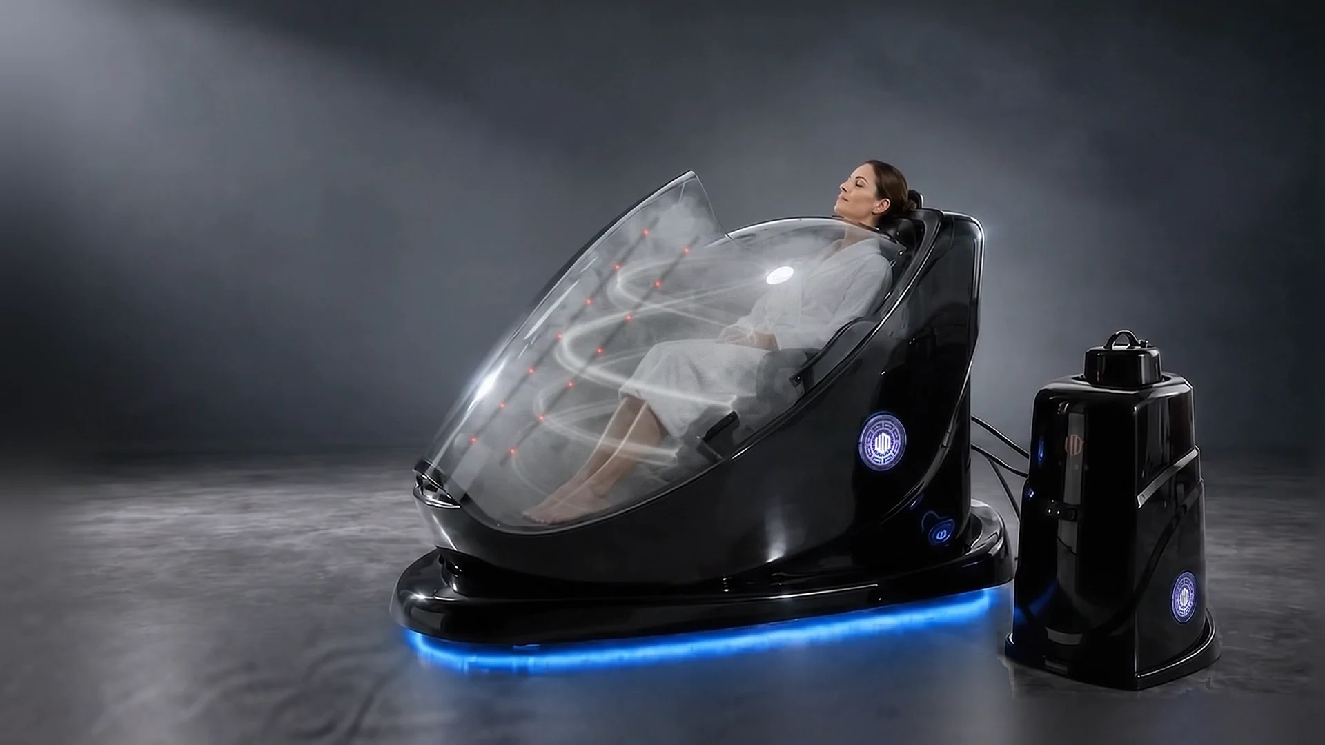 Two internal rows of red LEDs illuminate while the spiral steam visualization continues.