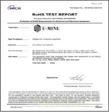 Supplied RoHS test report bearing the U-MINE name.