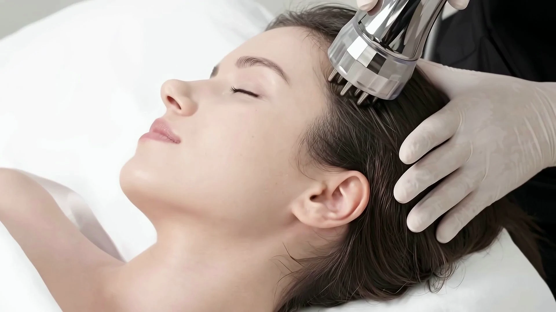 A close view of the comb-style scalp attachment in contact with the hair.