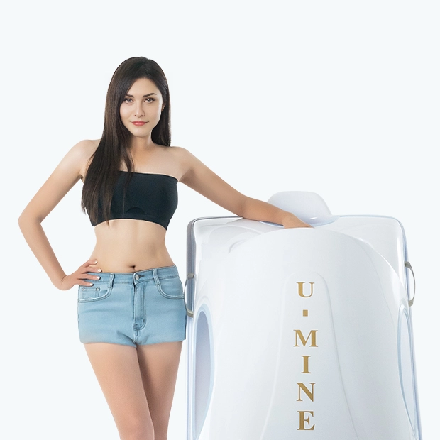 A woman standing confidently next to the U-Mine BodyJet, a full-body steam spa machine for wellness and beauty care.