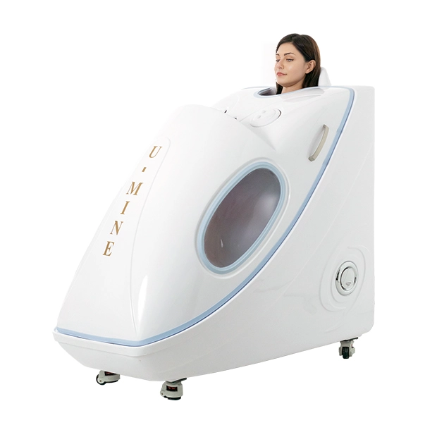 A woman enjoying a steam therapy session inside the U-Mine BodyJet, a full-body wellness and detoxification steam spa.