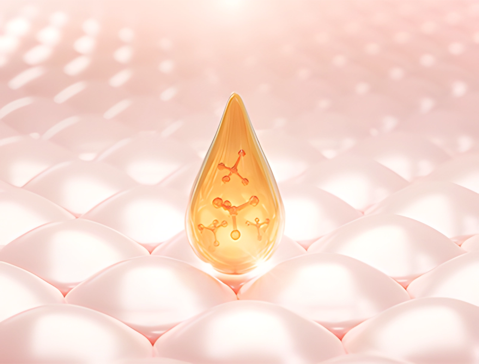 A golden serum droplet infused with molecular structures, representing deep skin absorption and advanced skincare technology.