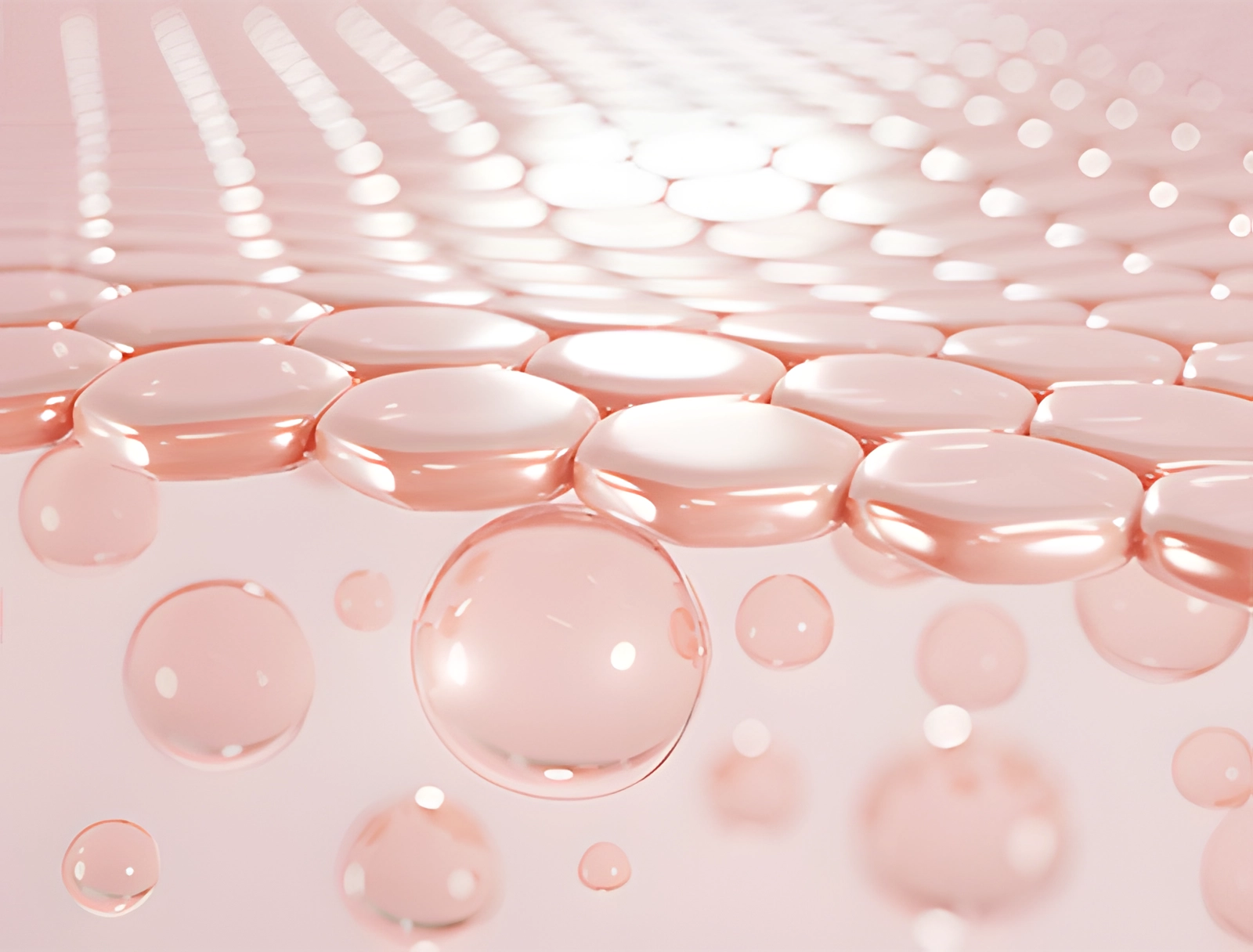 A close-up of skin hydration molecules penetrating the skin barrier, representing deep moisture absorption and advanced skincare technology.
