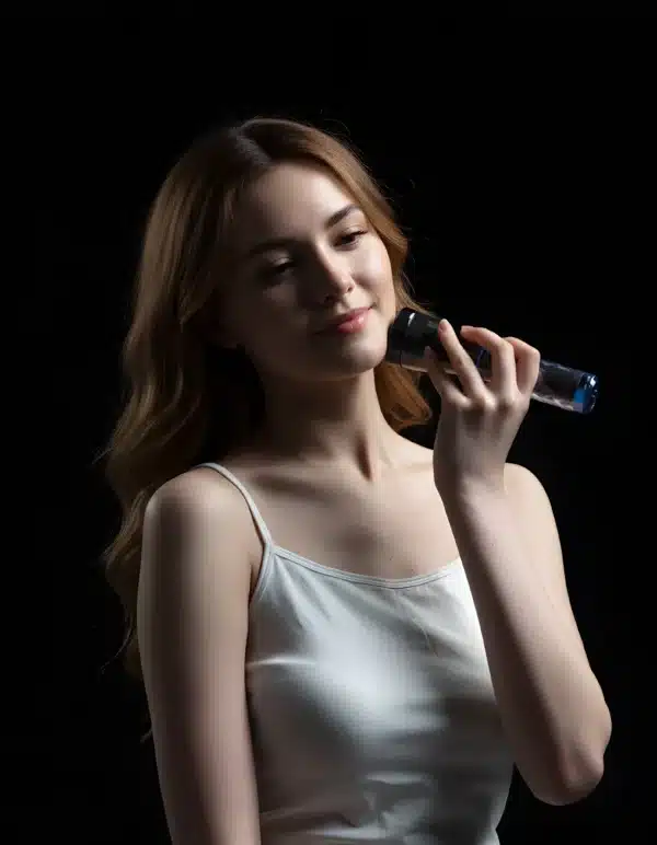 Woman using U-MINE K microcurrent device for face lifting, wrinkle care, and skin rejuvenation