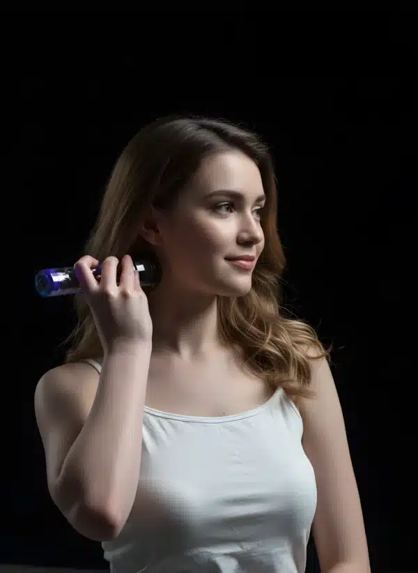 Woman using U-MINE K microcurrent device for face lifting, wrinkle care, and skin rejuvenation