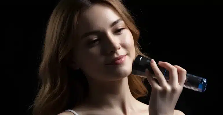Woman using U-MINE K microcurrent device for face lifting, wrinkle care, and skin rejuvenation