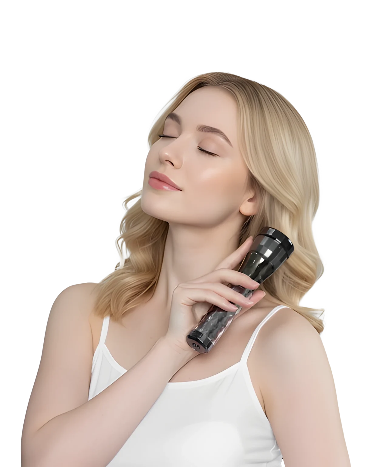Woman using U-MINE K microcurrent device on neck and jawline for wrinkle care and lifting